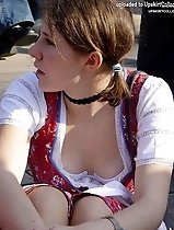 Tight corset squeezes big tits and uncovers downblouse